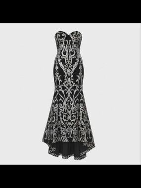 Strapless Black and Silver Embroidered Mermaid Dress